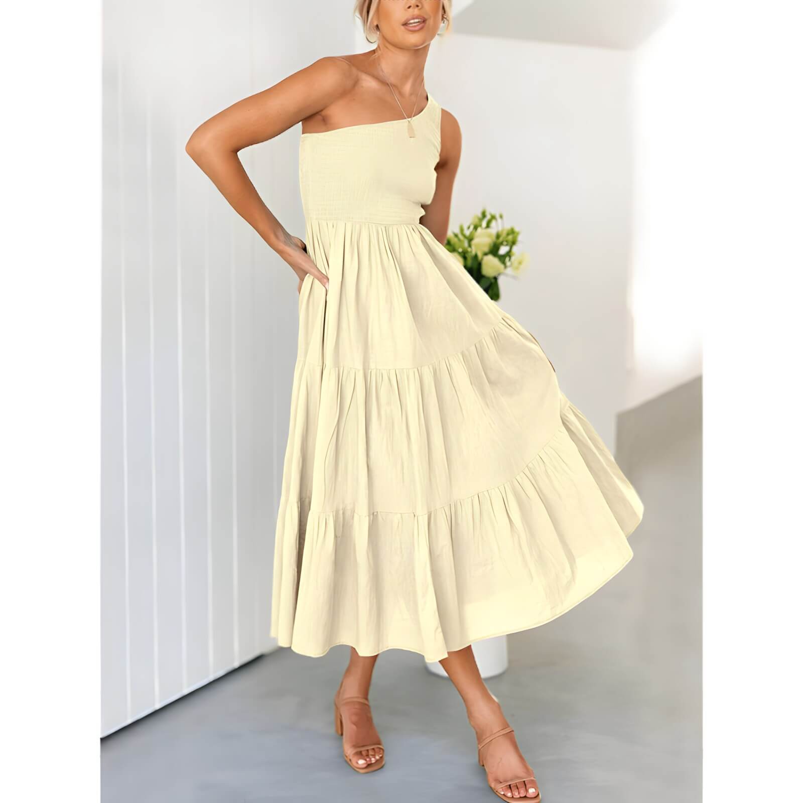 Vestido Mídi com Lastex Bege 7