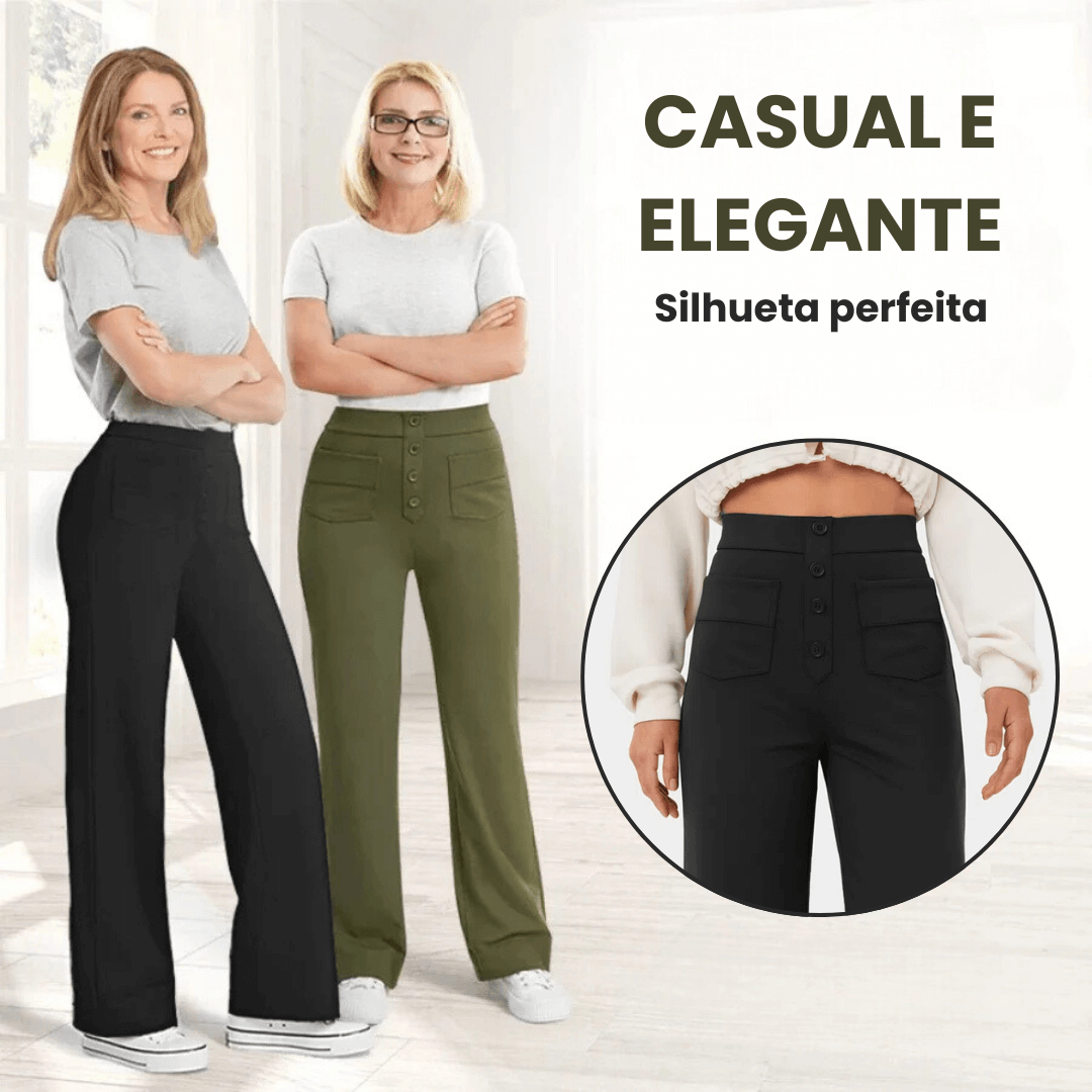 Calça Feminina de Alfaiataria Reta Cintura Alta Botões Frontais Lunna
