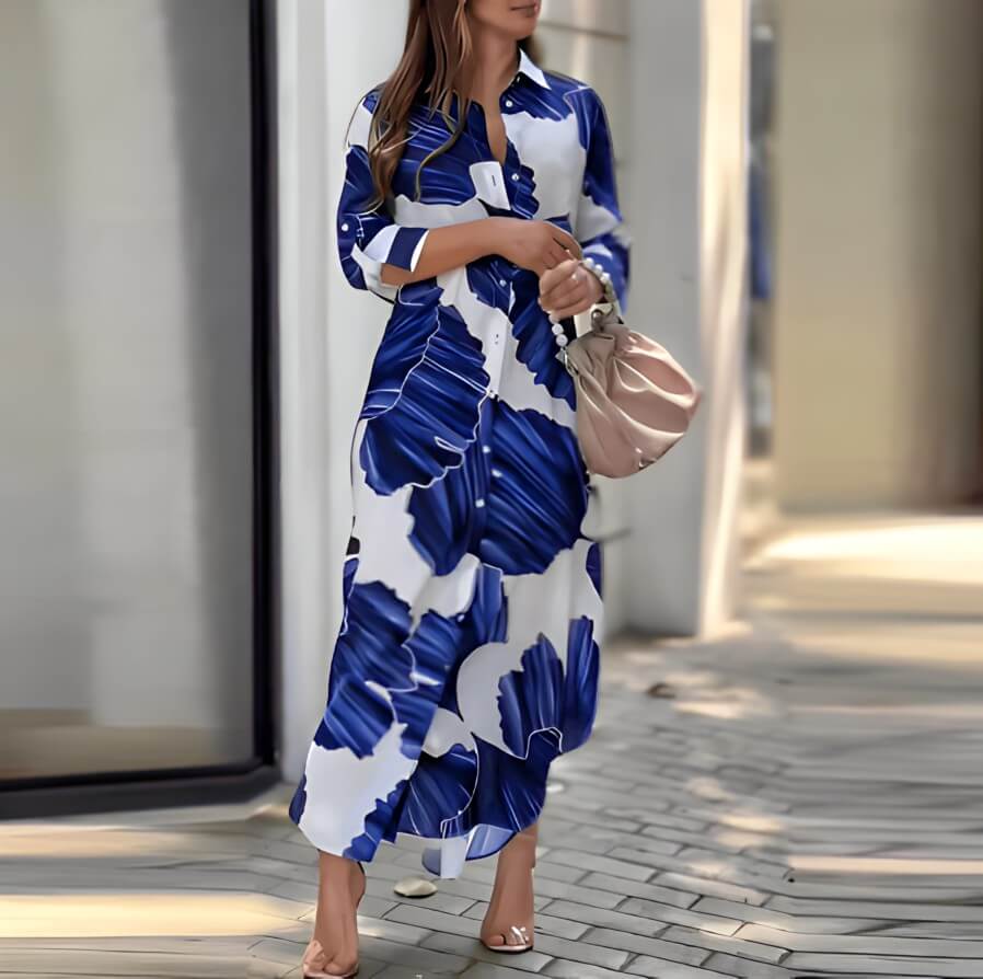 Vestido Longo Estampado com Botões Frontais Belle