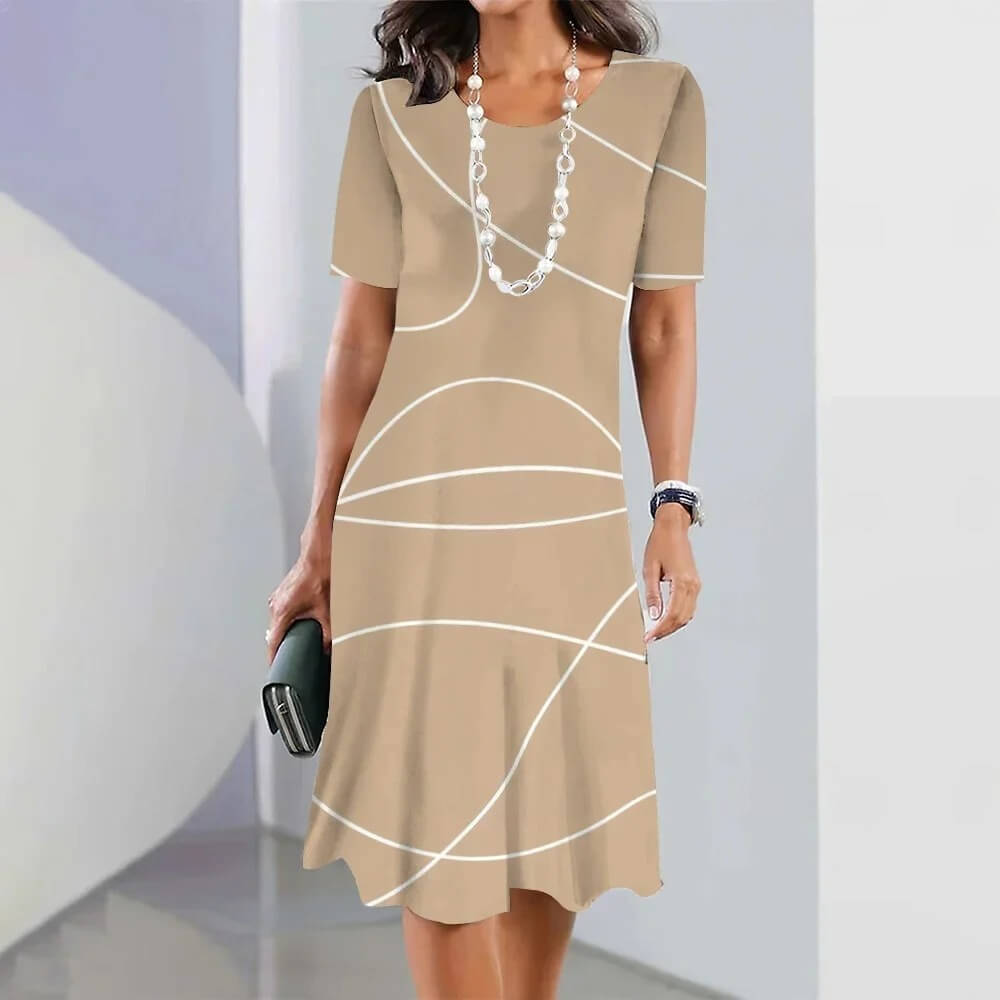 Vestido Midi Estampado Manga Curta Solto com Caimento Fluido Reyna
