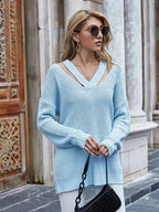 Suéter Feminino Canelado Gola V Azul 3