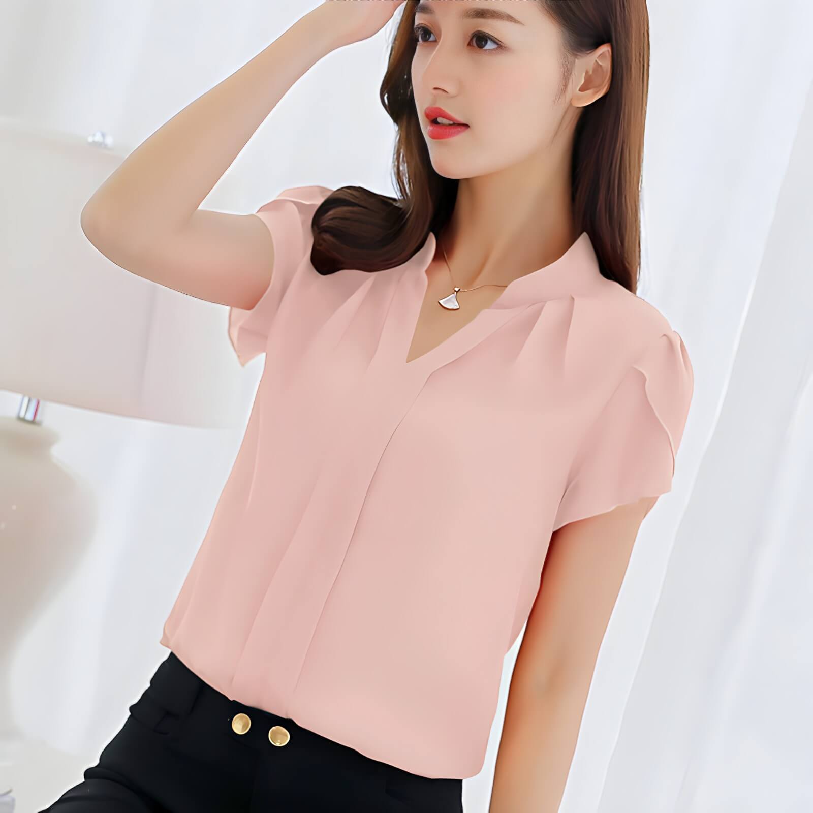 Camisa de Chiffon Manga Curta Rosa 5