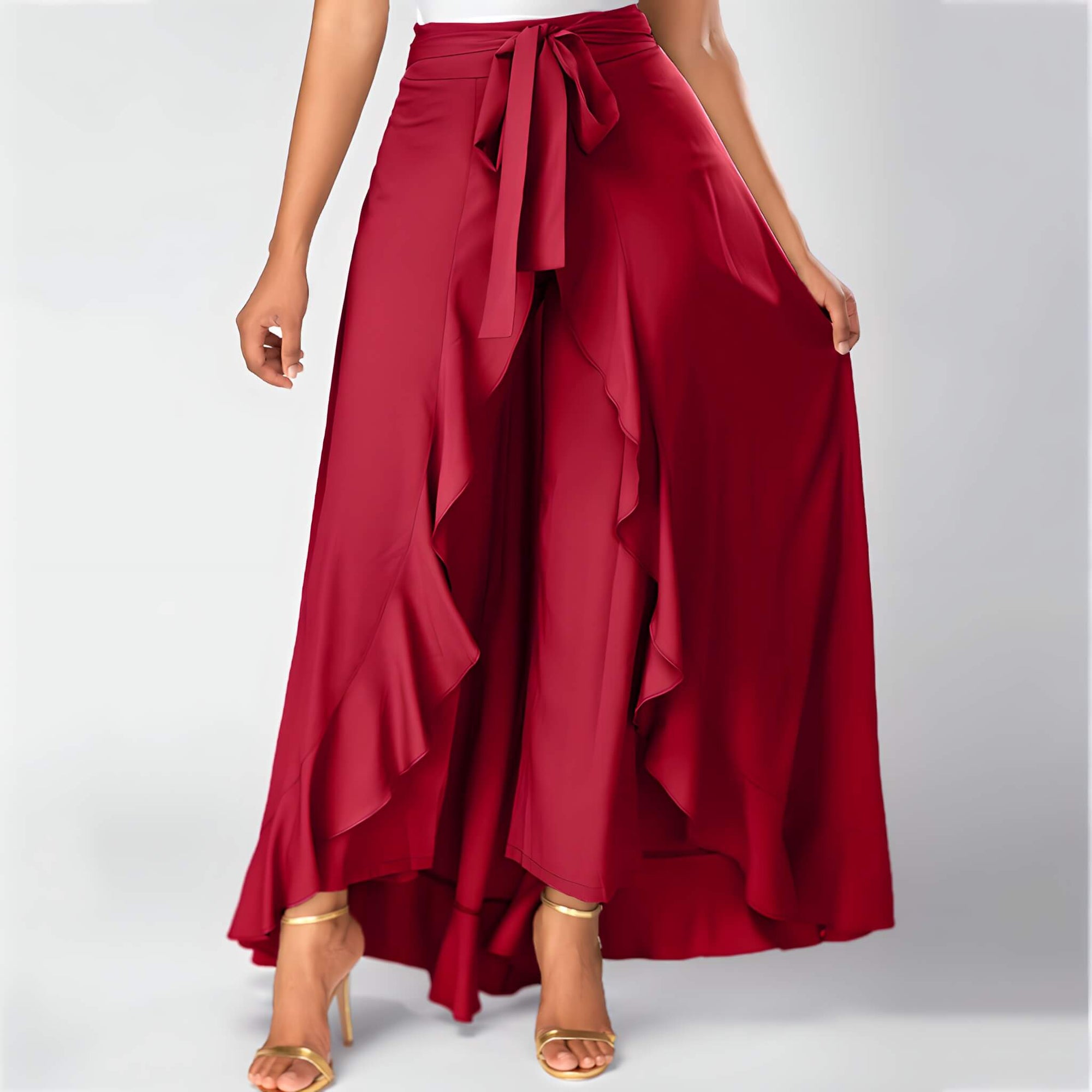 Calça Pantalona Com Babados Vermelho 4
