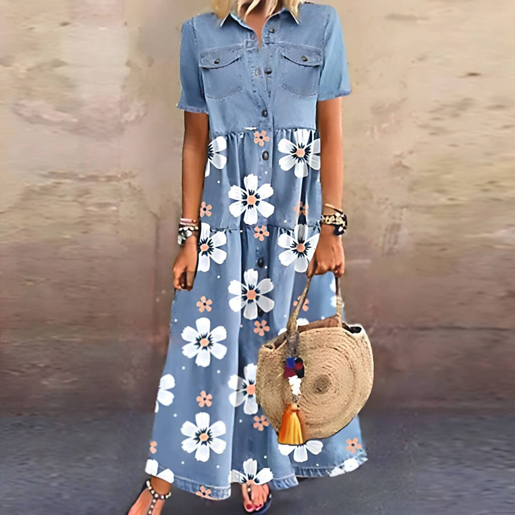 Vestido Longo Azul Floreado 1