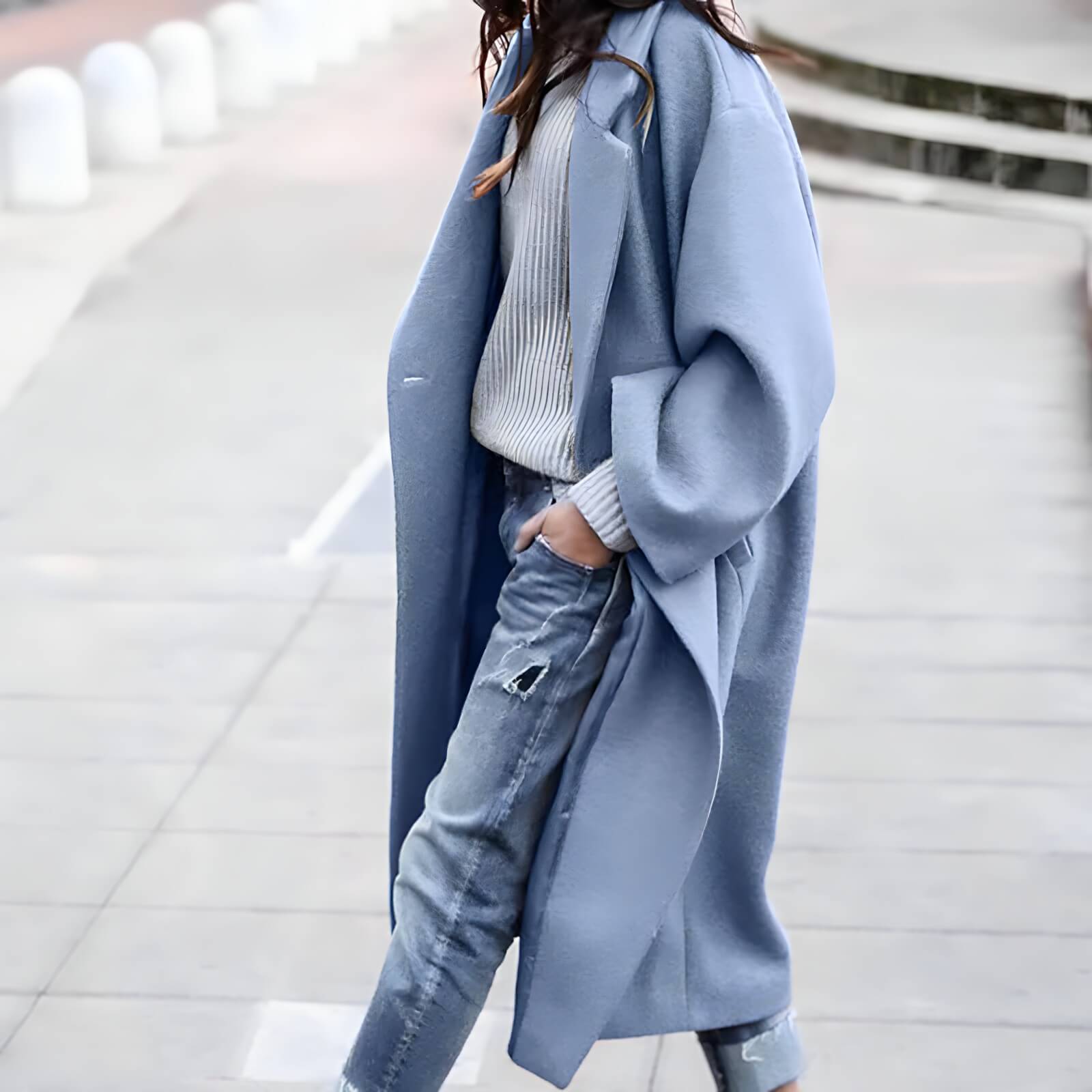 Casaco Feminino Longo de Lã Batida Azul 3