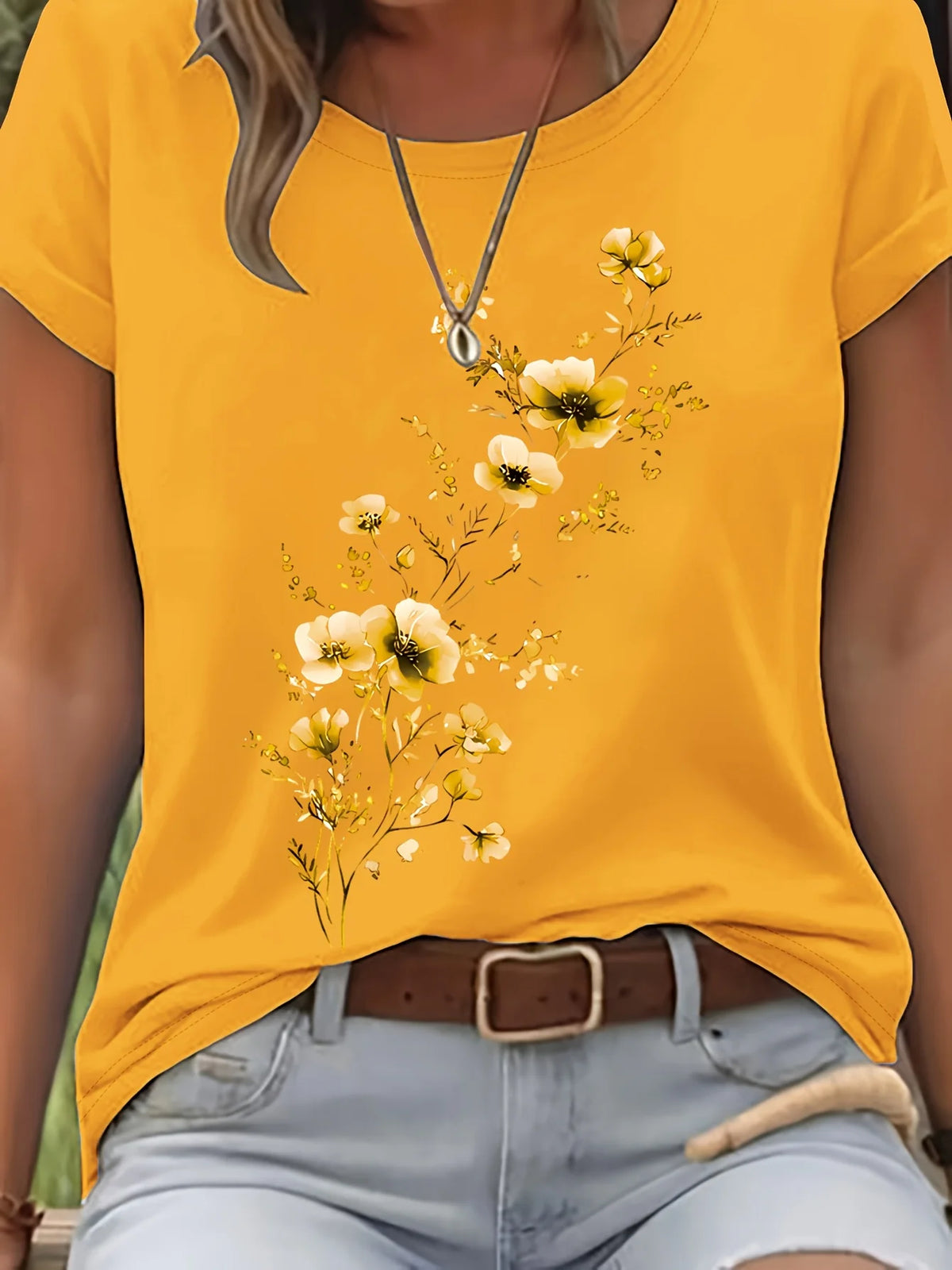 Blusa de Algodão Manga Curta com Estampa Floral Amarelo 09