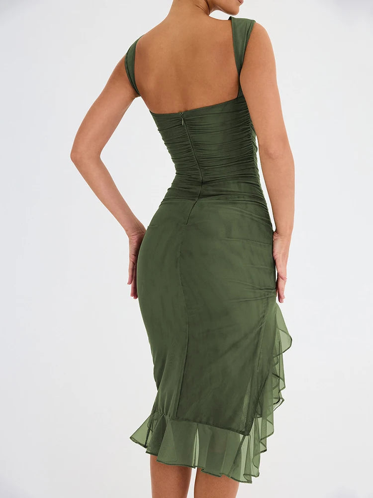 Vestido Midi Tule Drapeado Assimétrico Rosalée