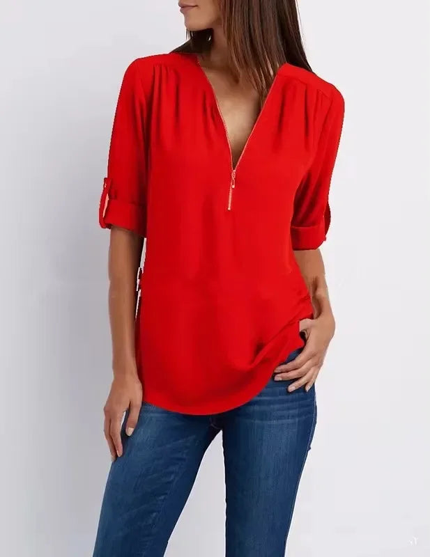 Blusa Chiffon Manga 3/4 com Zíper Vermelho 03