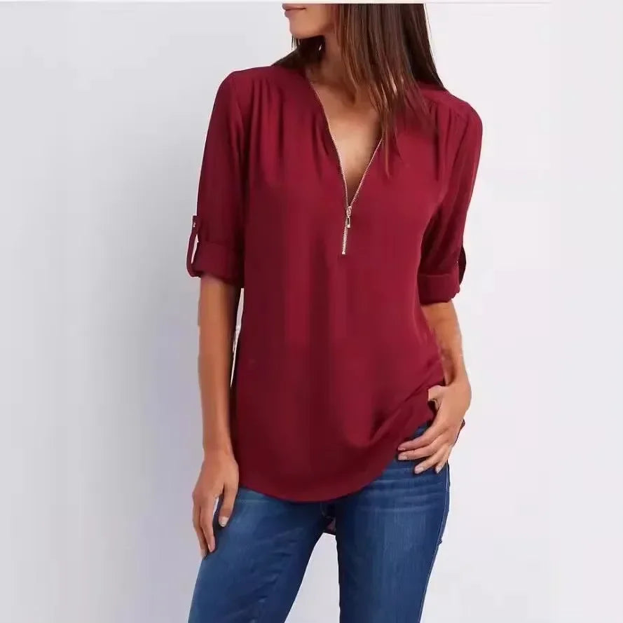 Blusa Chiffon Manga 3/4 com Zíper Bordô 07