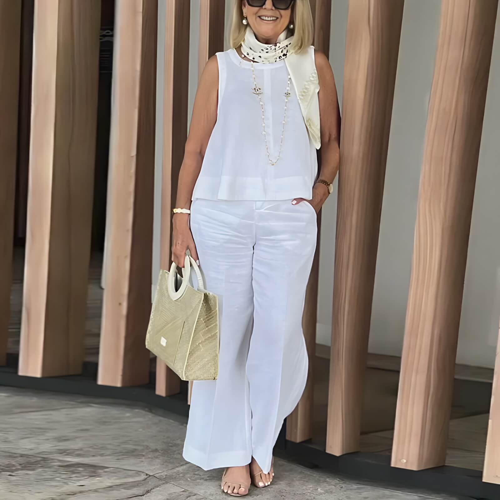 Conjunto Feminino de Viscolinho Blusa Regata e Calça Pantalona Adeline