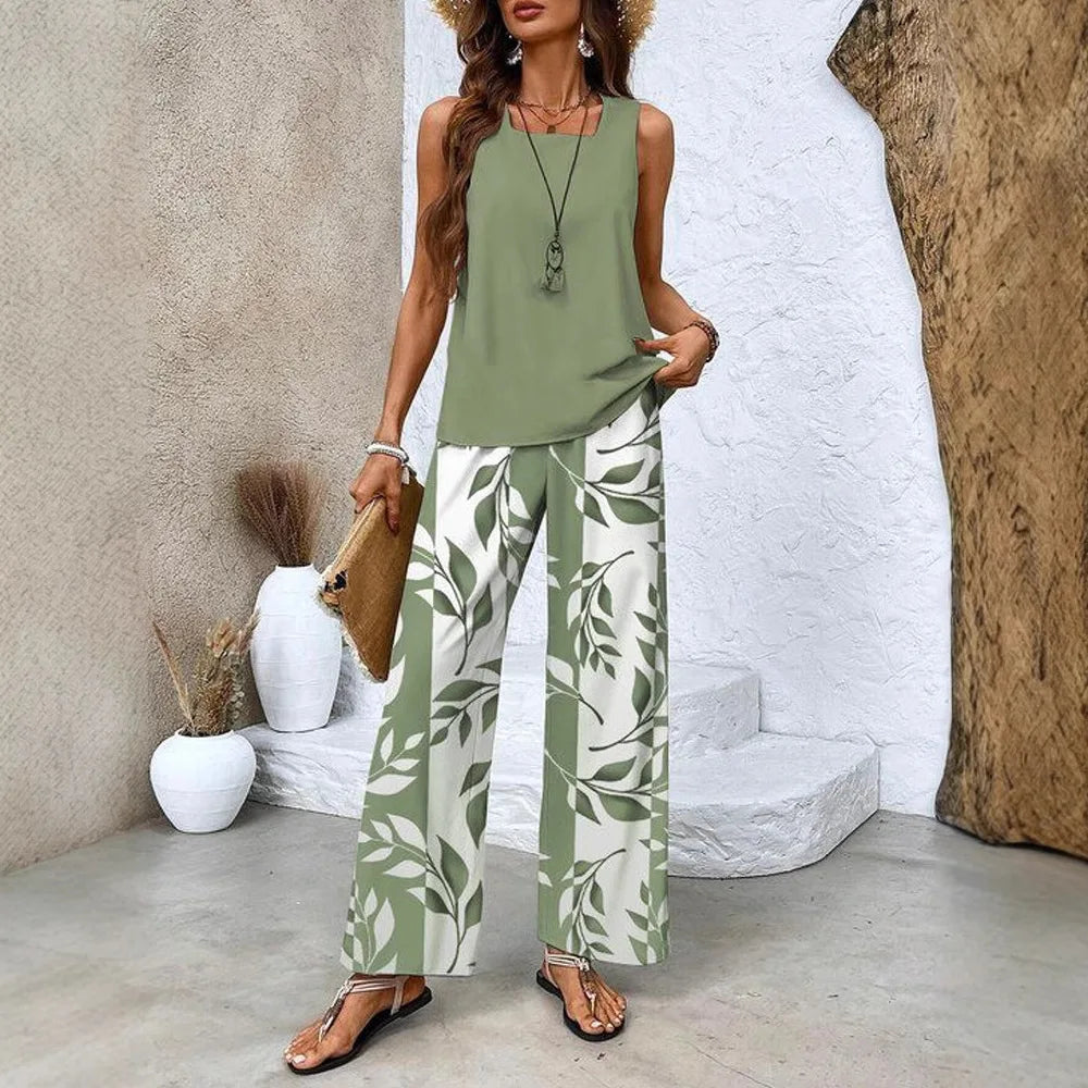 Conjunto Feminino Regata Fluida com Calça Pantalona Estampada Journey