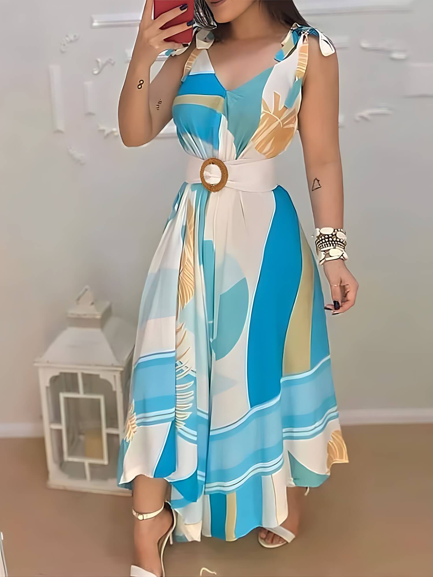 Vestido Midi Viscose Estampado Decote V Faixa na Cintura Lorient