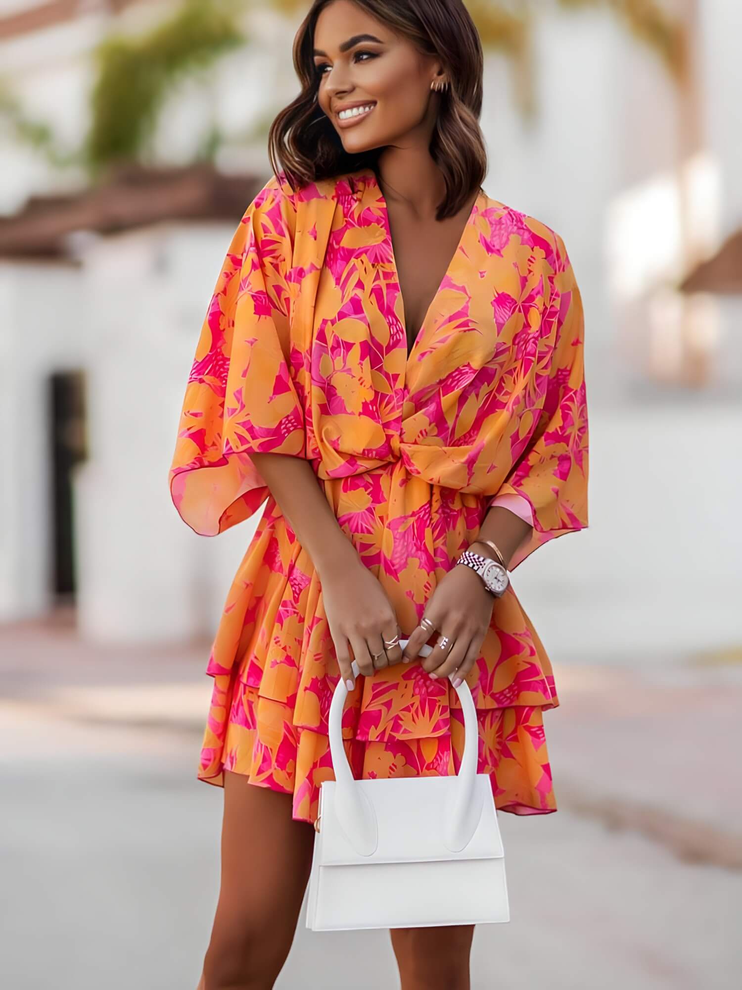 Vestido Curto Floral Babados Transpassado Manga Ampla Haliarte
