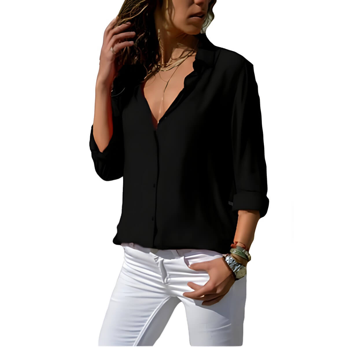 Camisa Clássica de Chiffon Preto 7