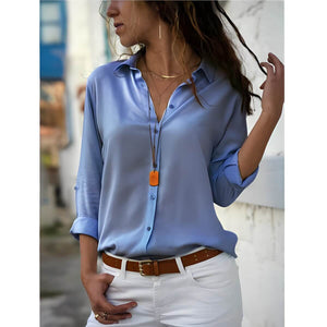 Camisa Clássica de Chiffon Azul Claro 6