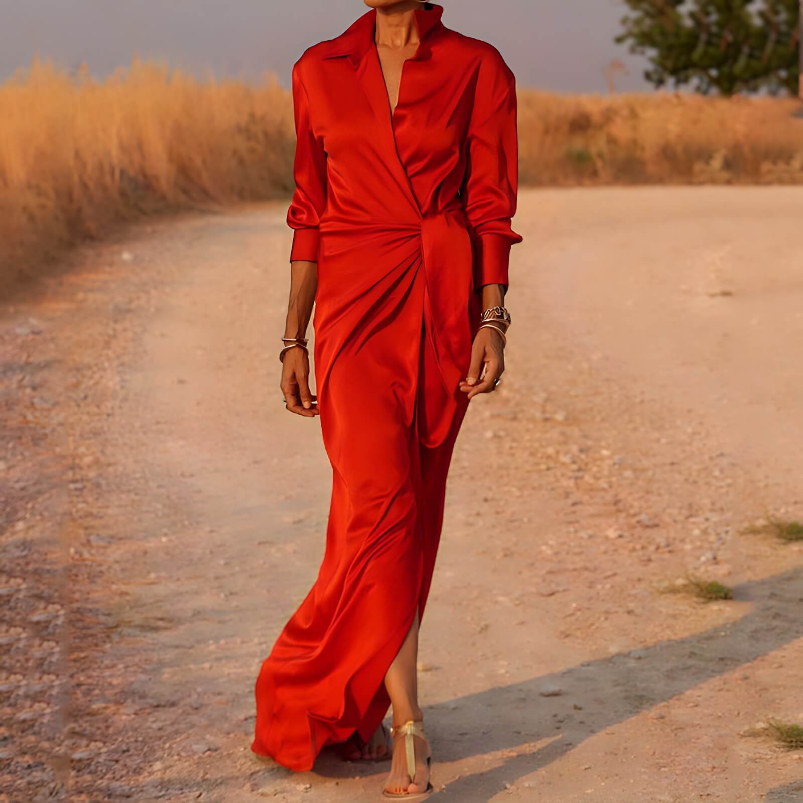 Vestido Longo Cetim Transpassado com Amarração Glend
