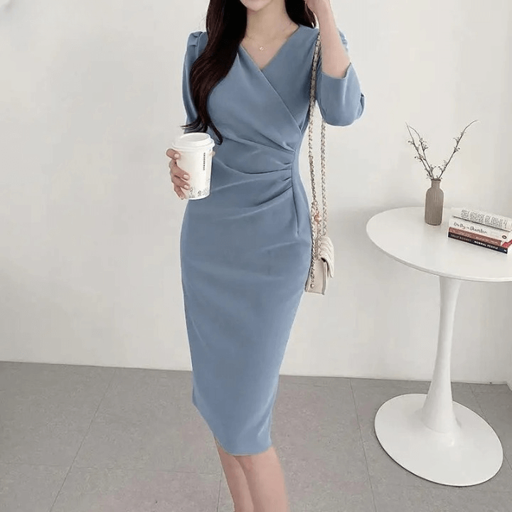 Vestido Midi Elegante Azul Fumê 05