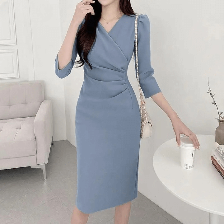 Vestido Midi Elegante Azul Fumê 04