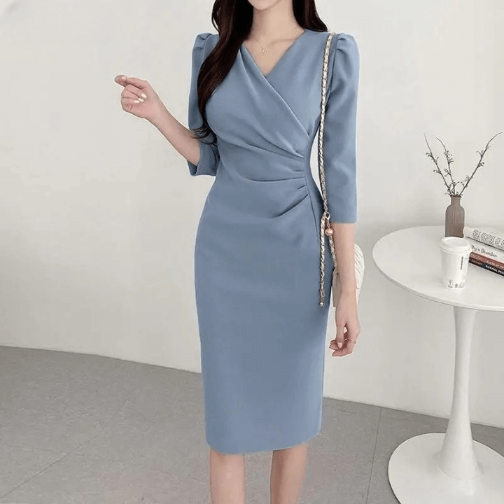 Vestido Midi Elegante Azul Fumê 03