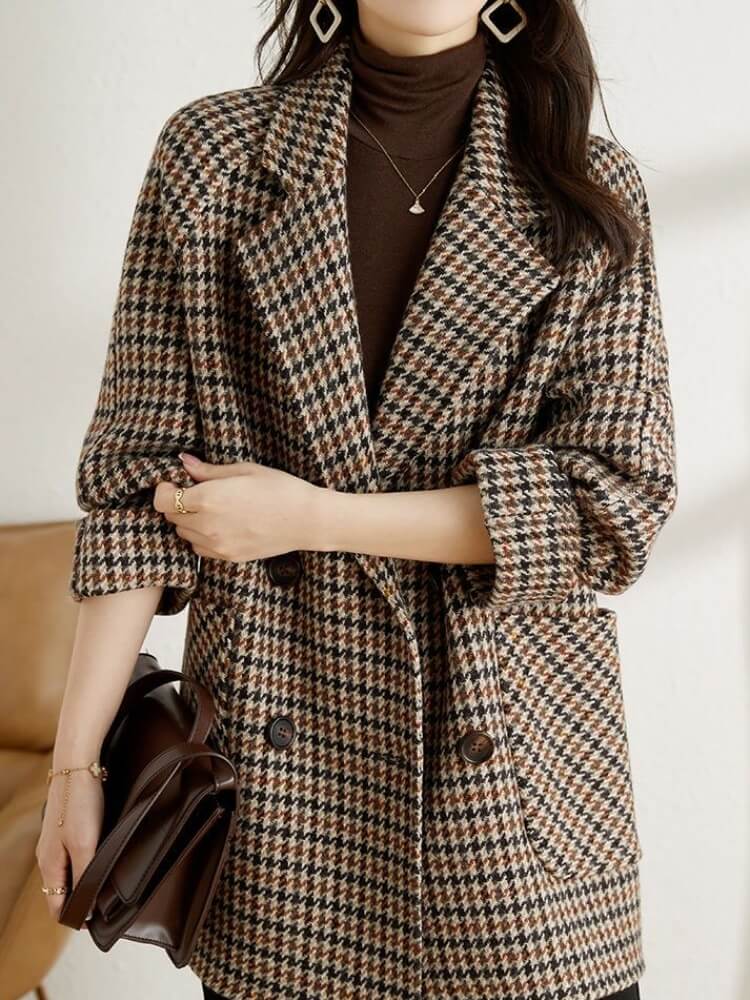 Blazer Feminino de Lã Alongado Xadrez Pied de Poule Louise