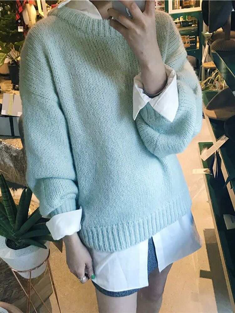 Suéter Feminino de Tricot Oversized Azul Claro 3