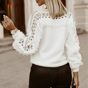 Suéter Feminino Casual Detalhes em Renda Branco 2