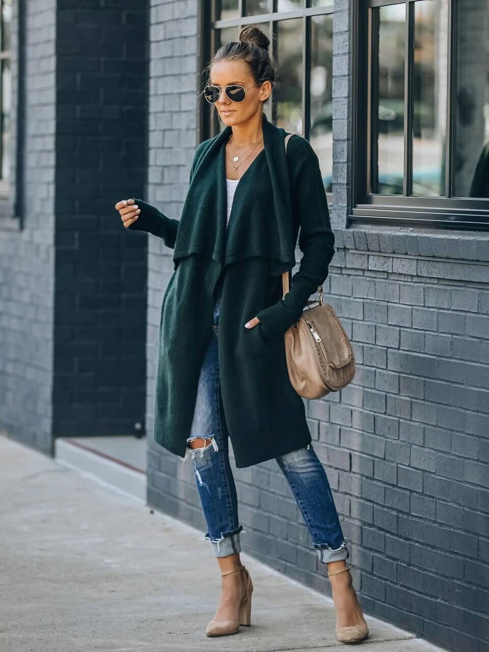 Cardigan Feminino Alongado Ponto Aberto Verde